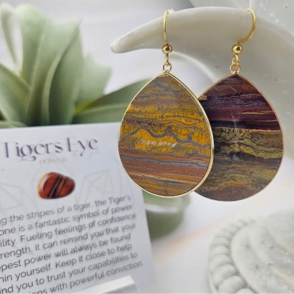 Lightweight Natural Tiger’s Eye Gemstone Teardrop Dangle Earrings